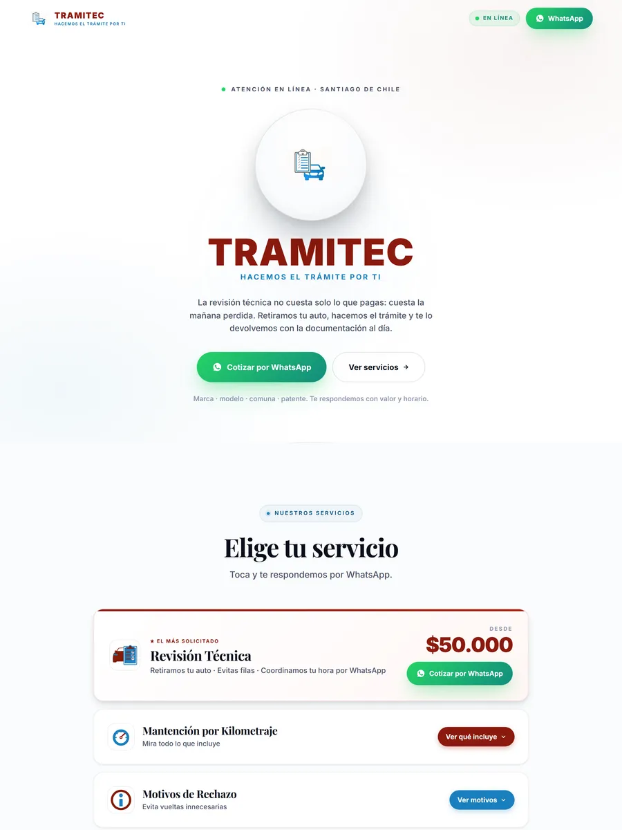 Landing de Tramitec: servicios de trámites vehiculares con cotización por WhatsApp